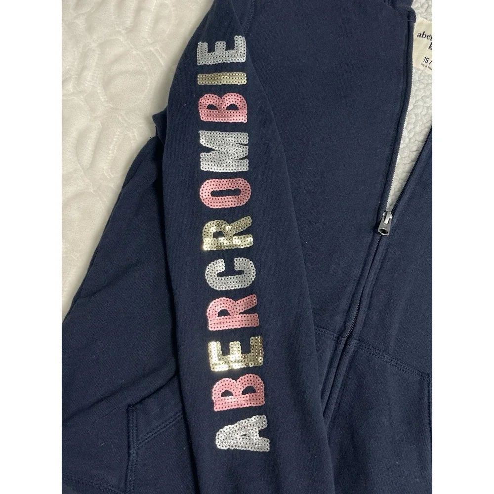 Abercrombie‎ Kids Sherpa Lined Hoodie Jacket Girls 15/16 Navy Sequin Zip Up